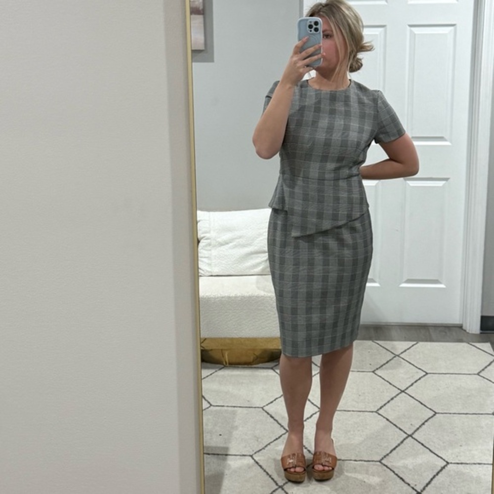 Ted Baker Dress Linnah Midi Pencil Peplum in Gingham Plaid Black White